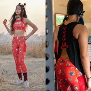 Iron Yokai Mid Rise Mesh Pocket Leggings in Pixel Print Red (XL)